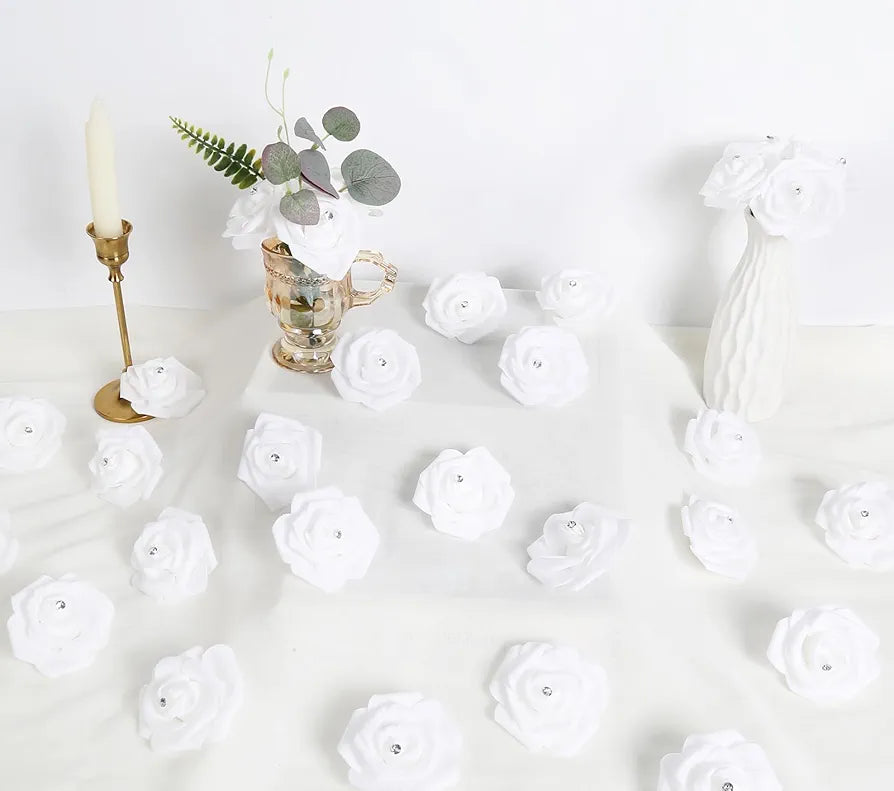 IPOPU 100PCS White Rose Artificial Flower Heads, 3in Real Looking Stemless Foam Roses Fake Flowers Bulk with Crystal for DIY Craft Wedding Bouquets Arrangements Party Home Decorations